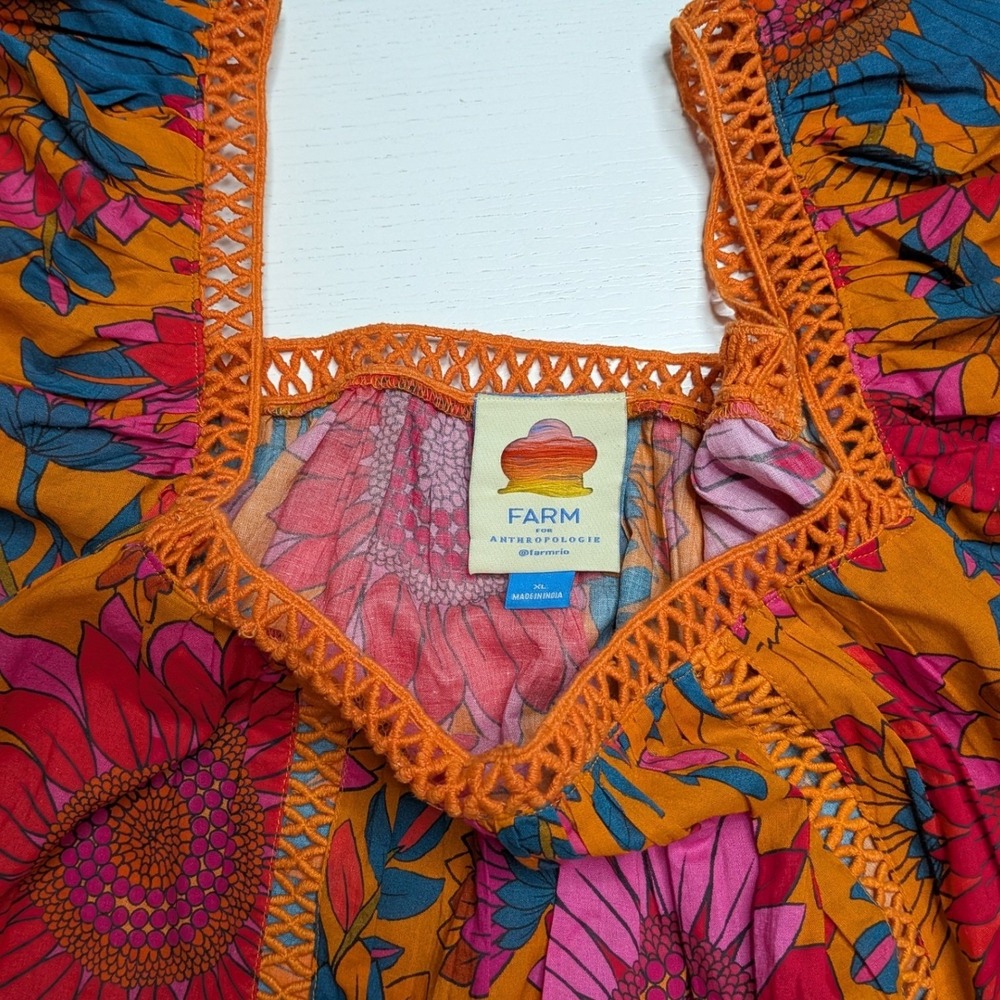 Farm Rio Anthropologie Sunflower Blouse Womens XL Floral Cotton Puff Sleeve - Picture 3 of 7